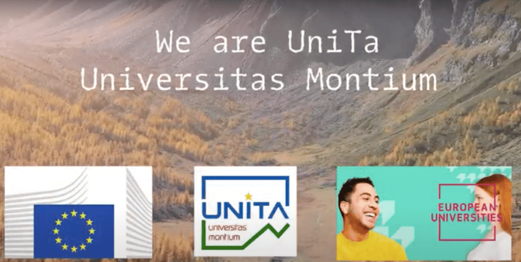 UNITA promotional graphic over a mountain landscape, with European Union and European Universities logos.